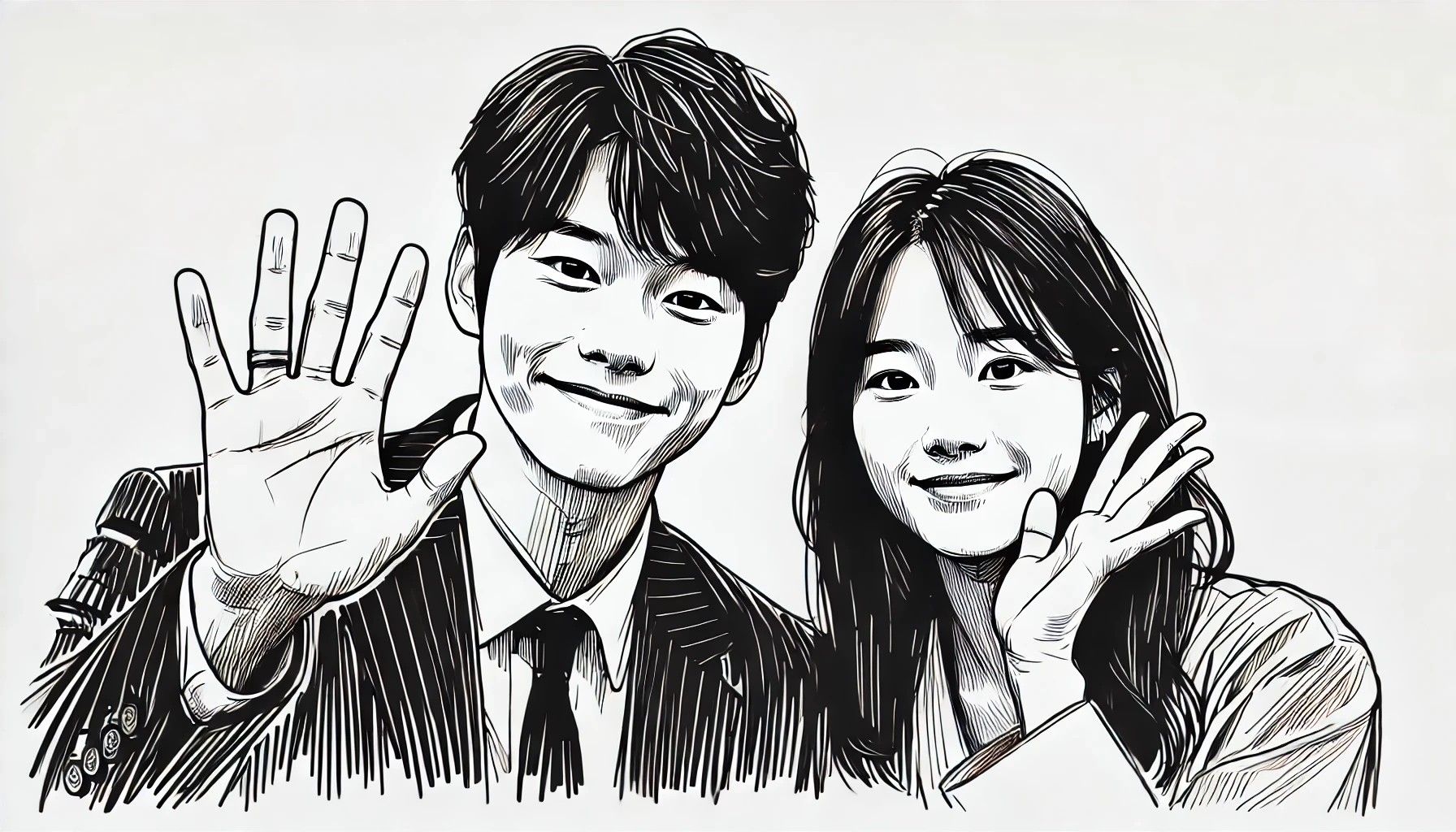 9ee7a5ed-dc9a-4fa7-9f91-fcaf8df6ac68-DALL·E 2024-12-24 16.00.46 - A clean and minimalist black-and-white croquis-style sketch of one Korean man and one Korean woman smiling and waving, looking directly at the viewer.jpg